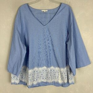 Jane and Delancey top plus size 3X blue striped lace trim 3/4 wide sleeve cotton